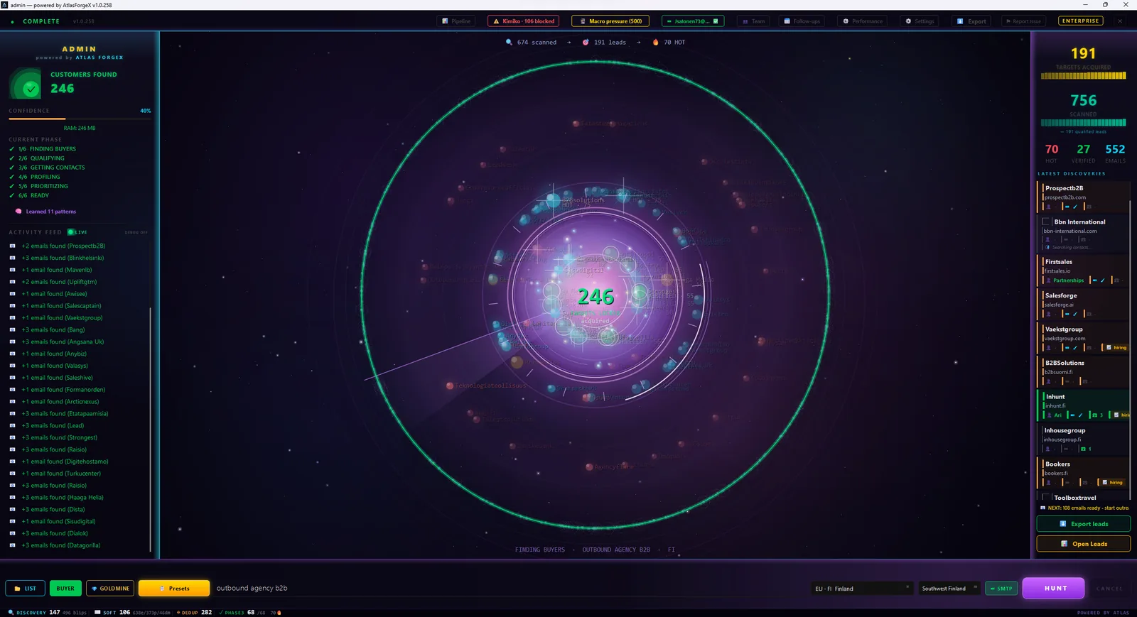 AtlasForgeX Mission Control radar view, 246 customers found in one run