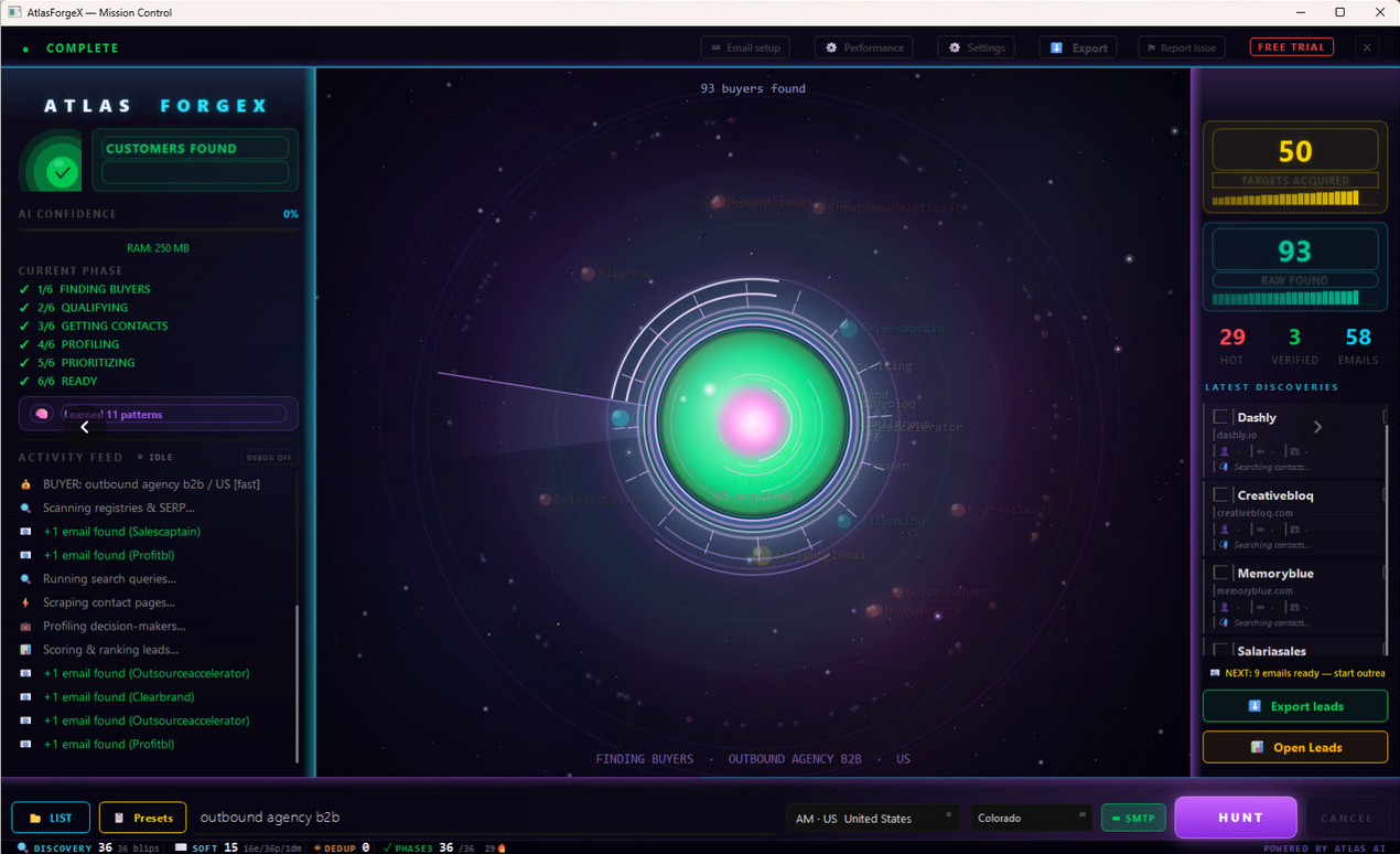 AtlasForgeX Mission Control dashboard